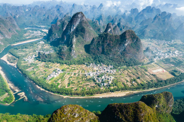 Aerial view of great Landscape at Yangshuo Country, Guilin Aerial view of great Landscape at Yangshuo Country, Guilin li river stock pictures, royalty-free photos & images