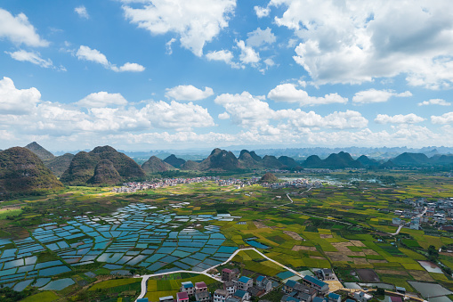 Aerial view of great landscape(glass fields) at Huixian Town, Guilin