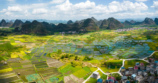 Aerial view of great landscape(glass fields) at Huixian Town, Guilin stock photo