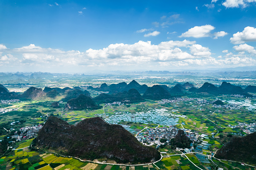 Aerial view of great landscape(glass fields) at Huixian Town, Guilin