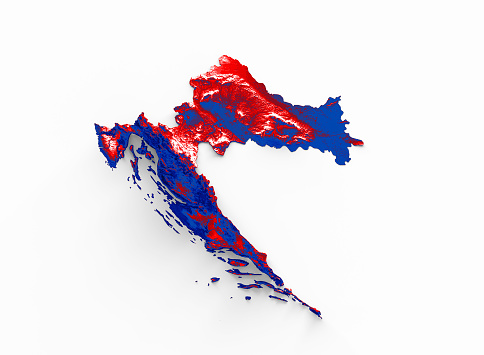 Croatia map with the flag Colors Red and yellow Shaded relief map 3d illustration\nSource Map Data: tangrams.github.io/heightmapper/,\nSoftware Cinema 4d