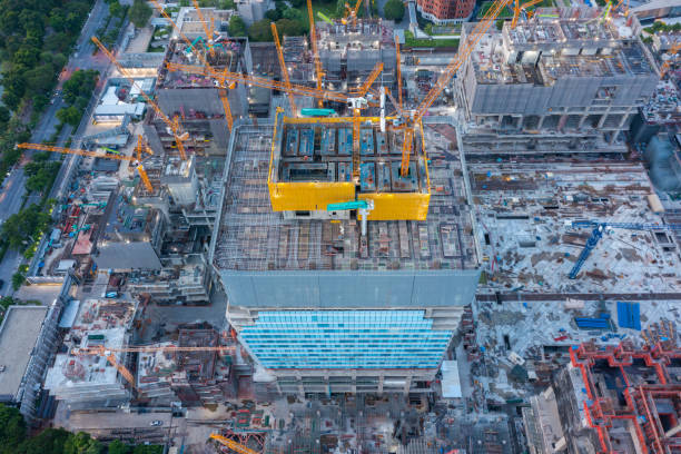 aerial view of construction site with tower crane urban construction rush hour of concrete pouring - foundation claude monet imagens e fotografias de stock