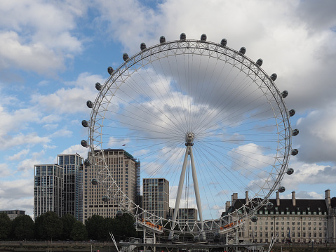 Sunset over the Millennium Wheel and Big Ben, Westminster skyline, London. UK