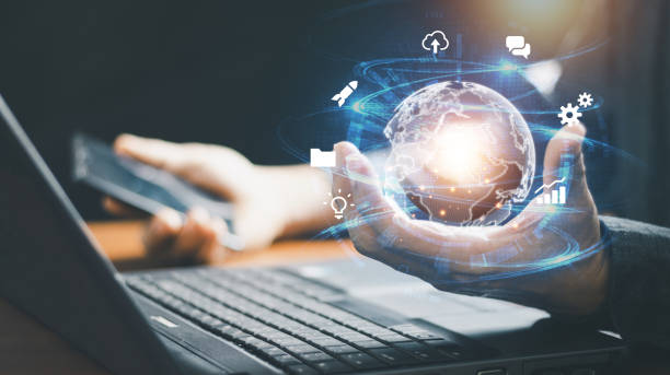 istock Hand holding virtual Global Internet connection metaverse. Business global internet connection application technology and digital marketing, Financial and banking, Digital link tech, big data. 1434416163