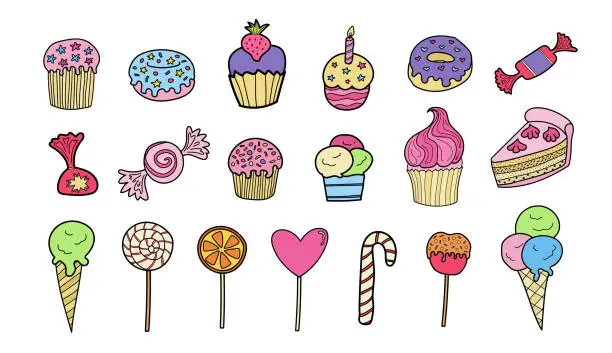 Vector illustration of Different sweets and desserts doodle icon set collection isolated on white background. Cute hand drawn cartoon style cake, lolly pop, ice cream, candy, donut and muffin bundle decor design element set