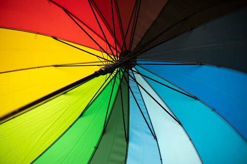 Color of rainbow. Umbrella spokes. Rain protection.