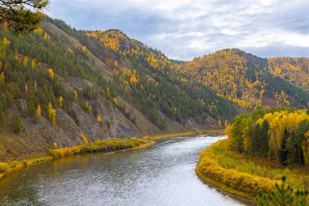 istock Autumn landscape with river and forest 1434420023