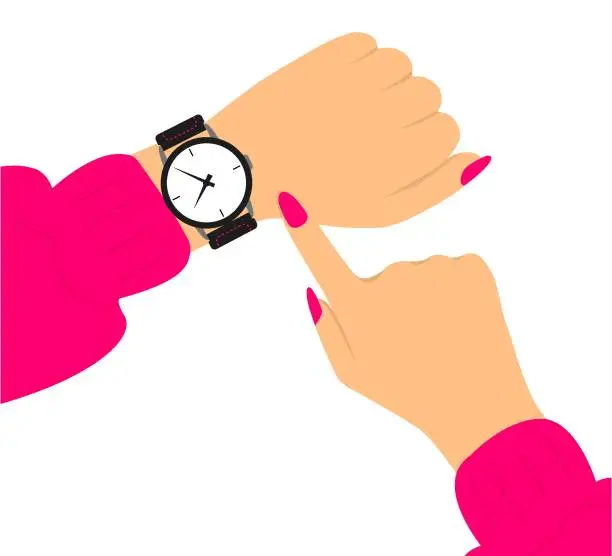 Vector illustration of Wristwatch on the hand of woman. Hand pointing wristwatch on. Time on watch. Hand with clock. Measurement and time management concept for banner, website design or landing web page. Deadline work