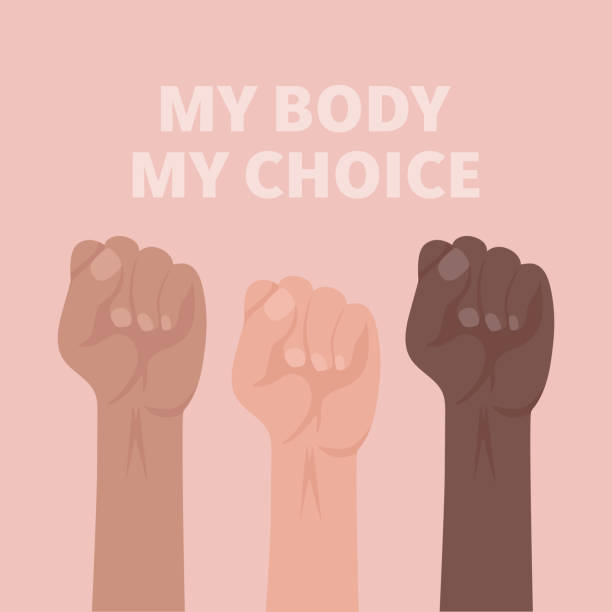 my body my choice sign. raised up women's fists. women's rights poster, demanding continued access to abortion after the ban on abortions, roe v wade. women's rights to abortion placard - roe vs wade 幅插畫檔、美工圖案、卡通及圖標