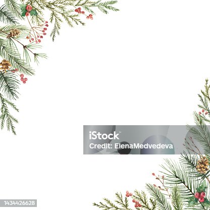 istock Watercolor vector Christmas card with fir branches and copy space. Trendy square template for winter holiday. Suitable for social media posting, mobile apps, postcard, New year invitations. 1434426628