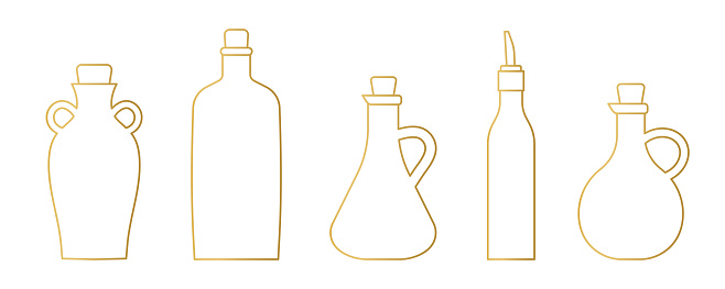 set of different golden line olive oil bottles  - vector illustration