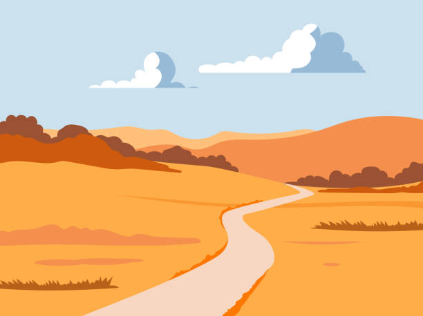 ilustrações, clipart, desenhos animados e ícones de paisagem de outono com caminho e colinas. ilustração vetorial. - rolling landscape