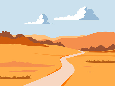 Autumn landscape with path and hills. Vector illustration.