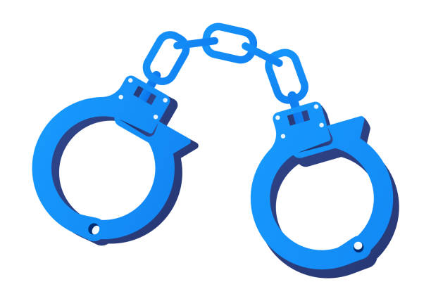 Handcuffs - modern flat design style single isolated image Handcuffs - modern flat design style single isolated image. Neat detailed illustration of accessories for arresting criminals and detaining citizens. Police ammunition, prisoner and jail idea handcuffs stock illustrations