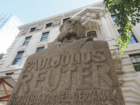 London, UK - Circa October 2022: Paul Julius Reuter statue by sculptor Michael Black circa 1976