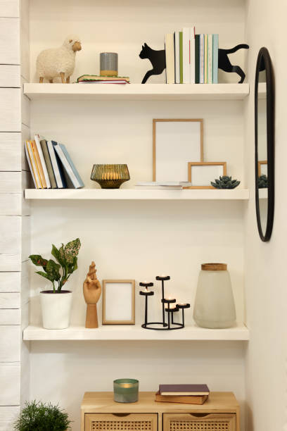 istock Many shelves with different decor in room. Interior design 1434431824