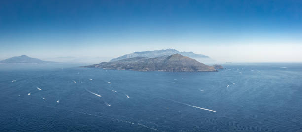 panorama of the sorrentine peninsula, the bay of naples and the mediterranean sea as seen from the island of capri - sorrentine peninsula imagens e fotografias de stock