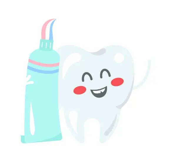 Vector illustration of Cartoon tooth with toothpaste. Vector illustration