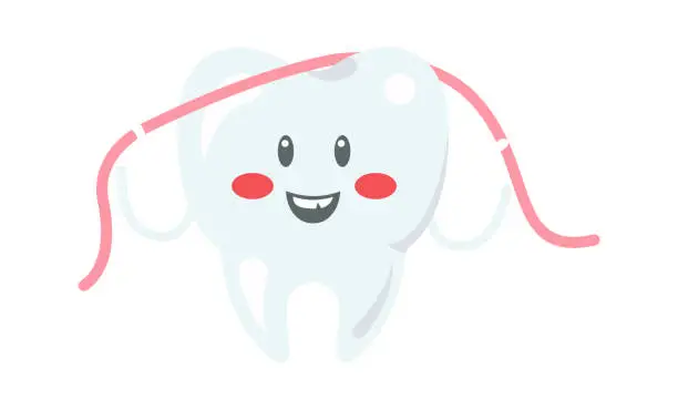 Vector illustration of Cartoon tooth with dental floss. Vector illustration