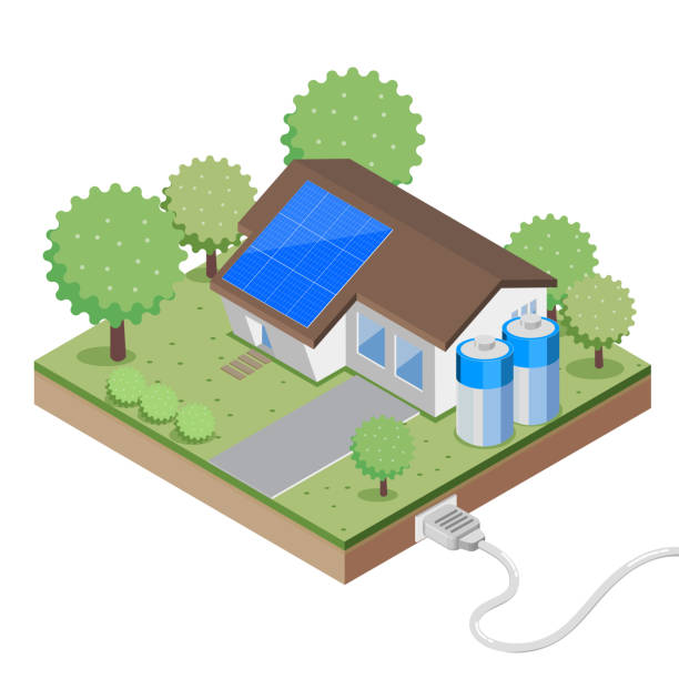 istock Solar cell panel, sun power, house, electricity, battery, clean energy, ecology, vector isometric illustration and electric plug in 1434434396