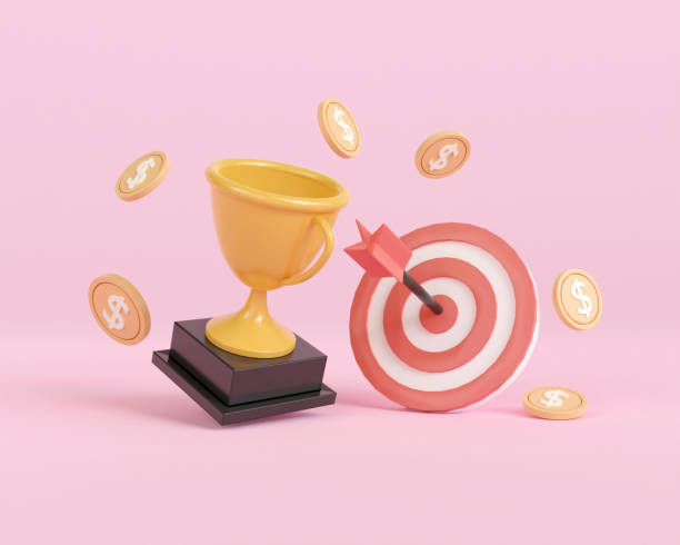 rendez 3d business goal trophy et jeu de fléchettes. primé avec pièce d’argent en or. établissement d’objectifs et succès. la stratégie d’entreprise fait de l’argent. illustration de rendu 3d style minimal. - lunettes 3d photos et images de collection