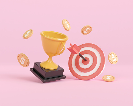 3d render business goal trophy and dartboard. award winning with gold money coin. Goal setting and success. business strategy make money. 3d rendering illustration minimal style.