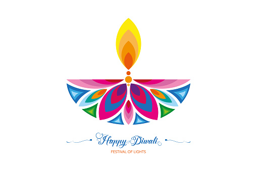 Happy Diwali Festival of Lights India Celebration colorful logo template. Graphic banner design of Indian flower Diya Oil Lamp, Modern Design in vibrant colors. Vector isolated on white background