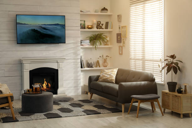 istock Cozy living room interior with comfortable sofa and decorative fireplace 1434437291