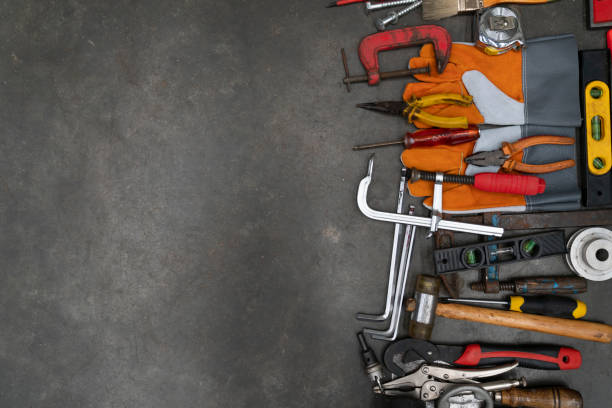 istock Old tools equipment on floor at factory background, engineering concept 1434441553