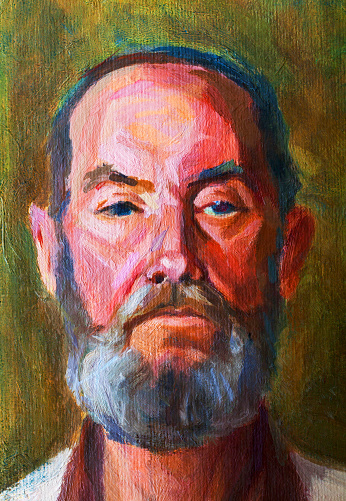 Artistic illustration art oil painting impressionism vertical portrait of a strict elderly man with a beard on a greenish  background