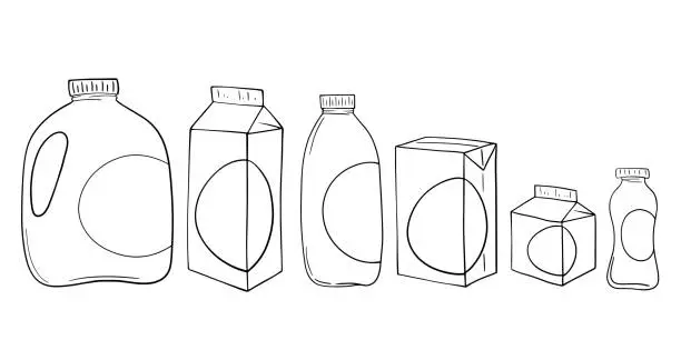 Vector illustration of Monochrome Set, various light plastic containers with milk and juice, vector cartoon