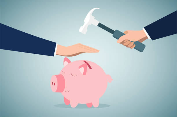 Insurance, protecting Insurance, protecting, Avoid the crisis caused by inflation broken money box stock illustrations