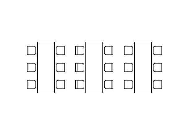 Row arranging seats and tables in interior, layout graphic outline elements. Chairs and tables icons in series scheme architectural plan. Furniture symbol top view. Vector line illustration Row arranging seats and tables in interior, layout graphic outline elements. Chairs tables icons in series scheme architectural plan. Furniture top view. Vector line banquet chairs stock illustrations