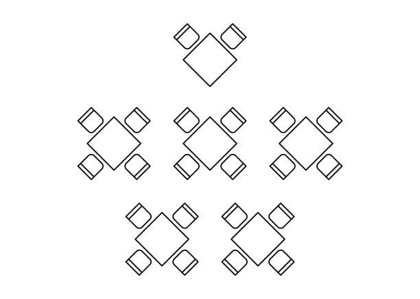 Plan for arranging seats and tables in interior square on event banquet, layout graphic outline elements. Chairs and tables signs in scheme architectural plan. Furniture, top view. Vector line Plan for arranging seats and tables in interior on event banquet, layout graphic outline elements. Chairs and tables signs in scheme architectural plan. Furniture, top view. Vector line banquet chairs stock illustrations