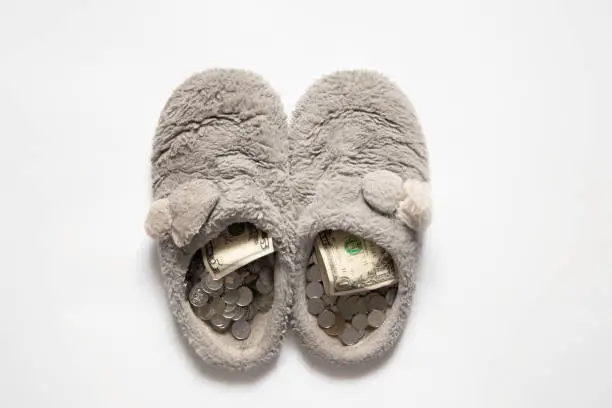 Photo of pennies and dollars lie in gray slippers on an isolated white background, money in shoes