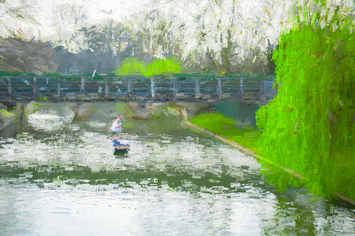 Punting on the River Cam, Cambridge, England, UK. Post processed to give a painterly effect.