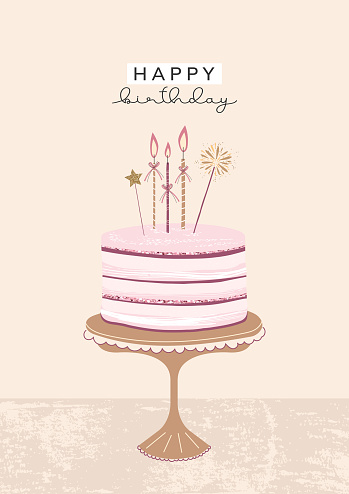 A birthday card with a cake and candles in a retro style with glitter. Vector template