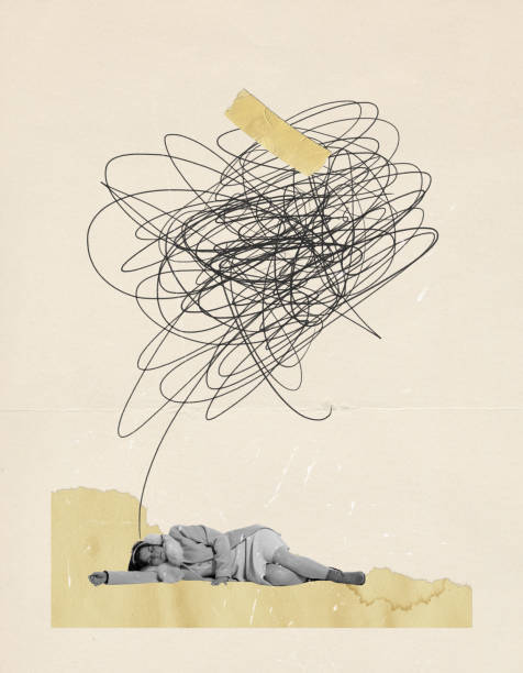 istock Contemporary art collage. Conceptual image. Young woman lying, sleeping. Feeling tired and depressed 1434450325