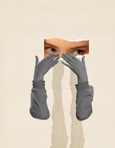 Contemporary art collage. Conceptual image. Cropped image of female eyes and hands. Depression, sadness and loneliness. Concept of retro style design, inner world, psychology, emotions and feelings