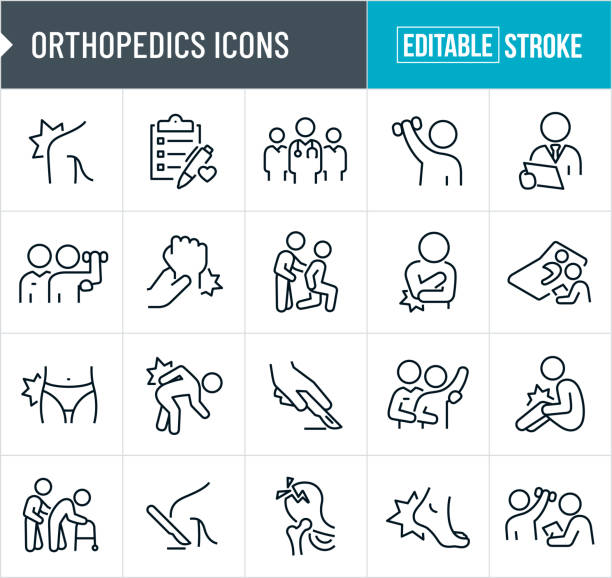 illustrazioni stock, clip art, cartoni animati e icone di tendenza di icone ortopediche a linea sottile - tratto modificabile - backache pain physical injury sport