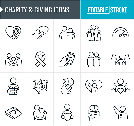 A set of charity and giving icons that include editable strokes or outlines using the EPS vector file. The icons include a heart and charity awareness ribbon, hand holding a heart shape, person with arm around another persons shoulders who is sad, family of four, charity meter, person offering charity to another person, awareness ribbon, hand giving charitable donation in the form of cash, person with hand on the shoulder of a person in need, family holding hands, person offering charitable gift, online fundraising, hand giving another hand a heart representing chairty, sad person with arm raised, recipient of charitable contribution, wallet with heart, philantopist holding a heart, two people hugging and a person volunteering to be a charitable donor.