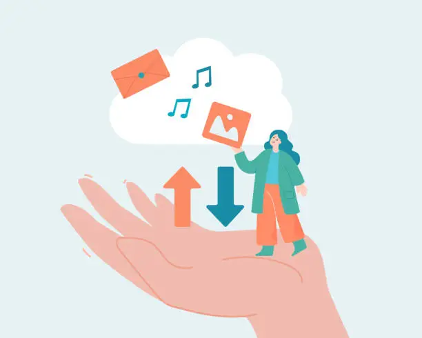 Vector illustration of Huge hand holding tiny woman with files on cloud