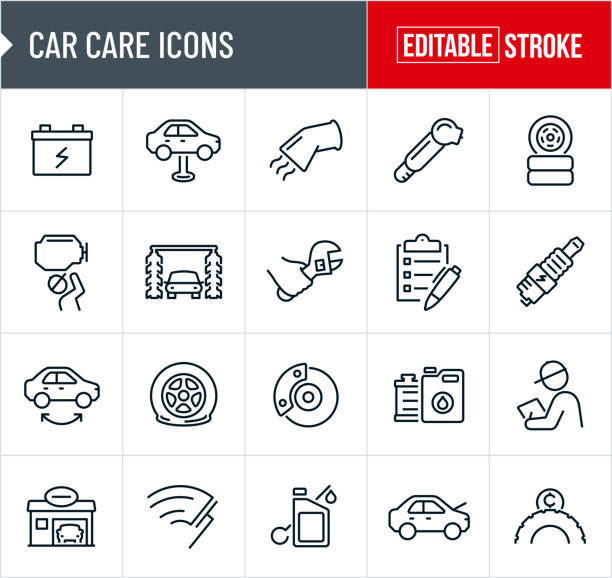 car care thin line icons - editable stroke - preventative maintenance stock-grafiken, -clipart, -cartoons und -symbole