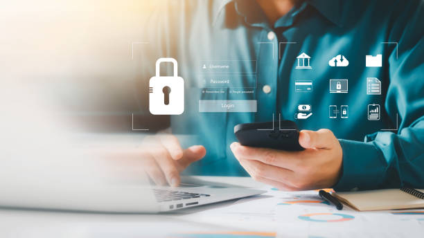 cybersecurity concept Global network security technology, business people protect personal information. Encryption with a key icon on the virtual interface. stock photo