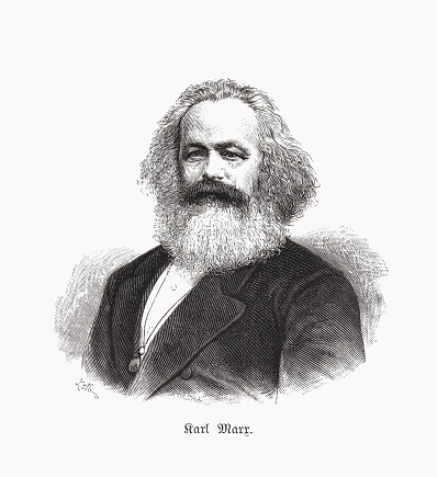 Karl Marx (1818 - 1883) - German philosopher, economist, historian, sociologist, political theorist, journalist, critic of political economy, and socialist revolutionary. Marx's political and philosophical thought had enormous influence on subsequent intellectual, economic, and political history. Wood engraving after a photograph, published in 1893.