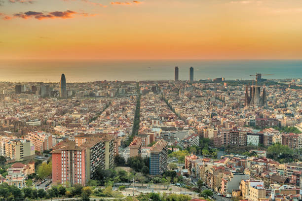 Barcelona Spain, high angle view sunrise city skyline from Bunkers del Carmel stock photo