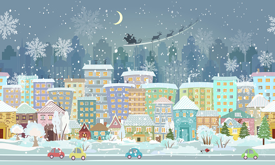 panorama. seamless border with a winter cityscape