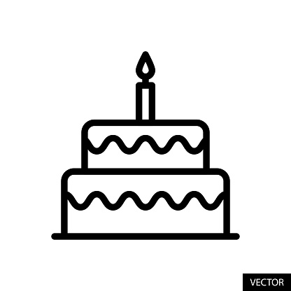 Birthday cake vector icon in line style design for website, app, UI, isolated on white background. Editable stroke. EPS 10 vector illustration.