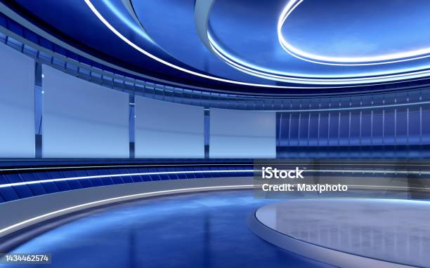 Empty Television Studio Backdrop With Circular Blue Walls And Bright Neon Lights Stock Photo - Download Image Now