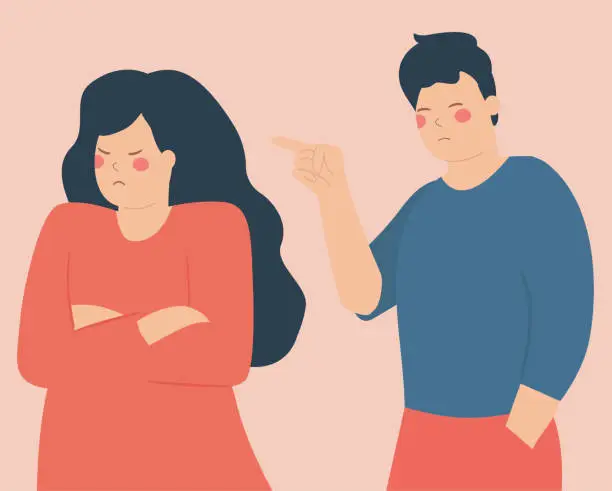 Vector illustration of Man points his finger at an angry woman. husband blames his annoyed wife. Concept of couple breakup, assault and disagreement.